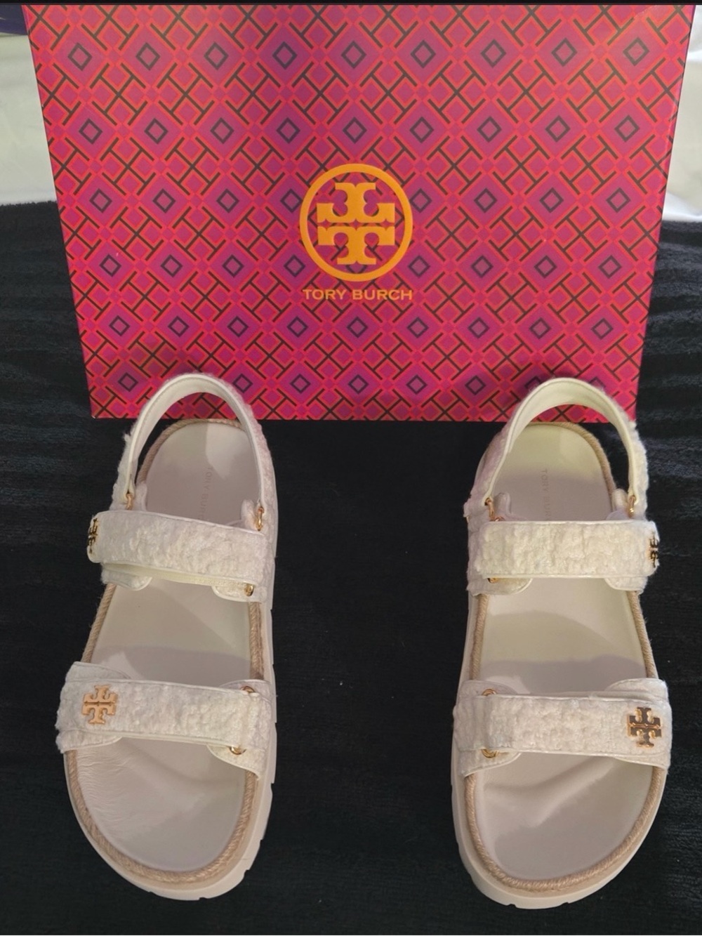 Tory Burch Cream Terry Cloth Double-Strap Sandals with Gold Logo